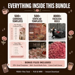 Può includere: Grafica di un pacchetto digitale con il testo "EVERYTHING INSIDE THIS BUNDLE". Include modelli per caroselli, annunci statici e reel senza volto. I file bonus includono modelli di email, post sui social media e un corso intensivo di Canva. Il conteggio totale dei file è di 9000+.