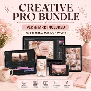 May include: A digital creative bundle with a laptop, tablets, and a phone displaying software and content. The image includes text that reads "CREATIVE PRO BUNDLE" and "PLR & MRR INCLUDED". The color scheme is soft pink and white, with floral accents.
