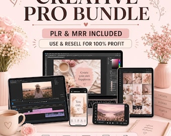 Puede incluir: Un paquete creativo digital con un portátil, tabletas y un teléfono que muestra software y contenido. La imagen incluye el texto "CREATIVE PRO BUNDLE" y "PLR & MRR INCLUDED". La combinación de colores es rosa suave y blanco, con detalles florales.
