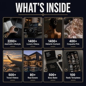 May include: Graphic with the text "WHAT'S INSIDE" and several categories, including "Aesthetic Lifestyle," "Luxury Videos," "Melanin Content," "Coquette Pink," "Travel Videos," "Real Estate," "Boss Babe," and "Reels Templates."