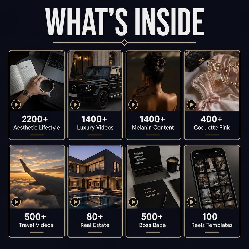 May include: Graphic with the text "WHAT'S INSIDE" and several categories, including "Aesthetic Lifestyle," "Luxury Videos," "Melanin Content," "Coquette Pink," "Travel Videos," "Real Estate," "Boss Babe," and "Reels Templates."