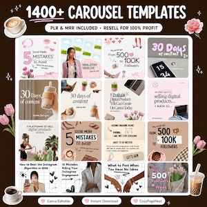 Può includere: Una collezione di oltre 1400 modelli di carosello per social media con vari design e testi come 30 Days of Content, 5 Social Media Mistakes to Avoid e From 500 to 100K Followers, presentati in una griglia con tonalità rosa e neutre.