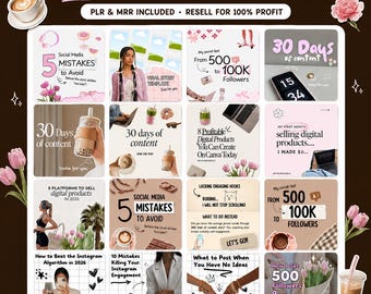 Könnte beinhalten: Eine Sammlung von über 1400 Social-Media-Karussell-Vorlagen mit verschiedenen Designs und Texten wie 30 Days of Content, 5 Social Media Mistakes to Avoid und From 500 to 100K Followers, dargestellt in einem Raster in rosa und neutralen Tönen.