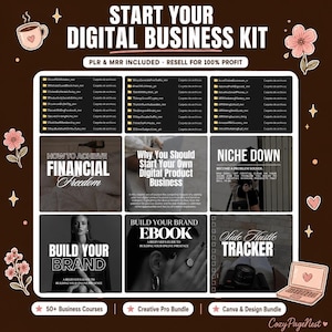 Peut inclure: Un kit de business numérique avec le texte START YOUR DIGITAL BUSINESS KIT, PLR & MRR INCLUDED et 50+ Business Courses. Il affiche une liste de dossiers et six images carrées avec des titres comme HOW TO ACHIEVE FINANCIAL FREEDOM.