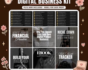May include: A digital business kit graphic featuring the text START YOUR DIGITAL BUSINESS KIT, PLR & MRR INCLUDED, and 50+ Business Courses. It displays a list of file folders and six square images with titles like HOW TO ACHIEVE FINANCIAL FREEDOM.