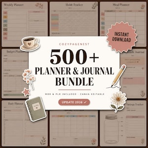 Pode incluir: Um pacote digital de planejador e diário com mais de 500 modelos. A imagem apresenta várias páginas de planejador, incluindo um planejador semanal, um rastreador de hábitos e um planejador de orçamento. O texto "500+ Planner & Journal Bundle" é exibido de forma proeminente.