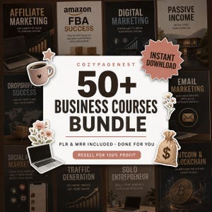 Puede incluir: Imagen promocional para un paquete de cursos de negocios. La imagen presenta varias portadas de libros con títulos como "Affiliate Marketing" y "Amazon FBA Success". El texto central dice "50+ Business Courses Bundle". Incluye el texto "Instant Download".