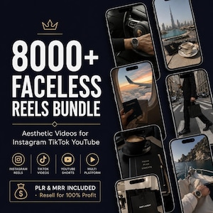 Puede incluir: Gráfico azul oscuro con el texto "8000+ Faceless Reels Bundle" y "Aesthetic Videos para Instagram TikTok YouTube". La imagen incluye iconos para Instagram, TikTok, YouTube y uso multiplataforma. También incluye el texto "PLR & MRR Included - Resell for 100% Profit".