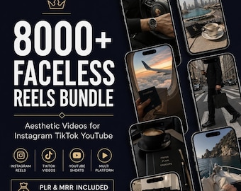 May include: A dark blue graphic with the text "8000+ Faceless Reels Bundle" and "Aesthetic Videos for Instagram TikTok YouTube." The image includes icons for Instagram, TikTok, YouTube, and multi-platform use. It also includes the text "PLR & MRR Included - Resell for 100% Profit."