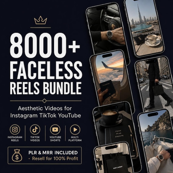 8000 Faceless Reels Bundle PLR MRR | Aesthetic Videos Instagram TikTok YouTube | Master Resell Rights Digital Download