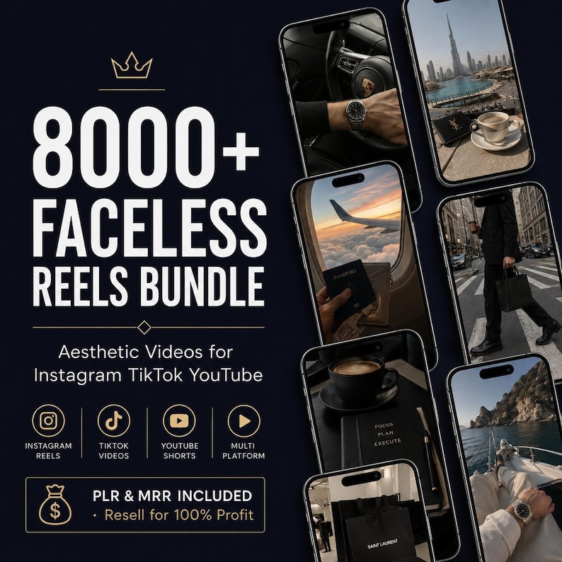 May include: A dark blue graphic with the text "8000+ Faceless Reels Bundle" and "Aesthetic Videos for Instagram TikTok YouTube." The image includes icons for Instagram, TikTok, YouTube, and multi-platform use. It also includes the text "PLR & MRR Included - Resell for 100% Profit."