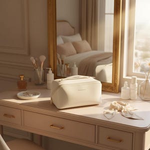 May include: A cream-colored makeup bag with a top handle sits on a vanity table. The table also holds a perfume bottle, makeup brushes, and skincare products. A gold-framed mirror reflects a bed with pink pillows. The overall aesthetic is soft and feminine.