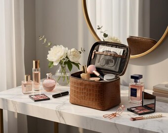 Neceser con relieve de cocodrilo, organizador de maquillaje de viaje grande, neceser de piel para mujer, estuche de belleza de lujo