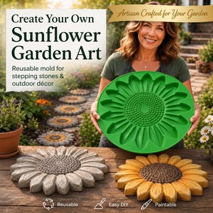 Può includere: Uno stampo in silicone verde brillante a forma di girasole per pietre da giardino. Lo stampo presenta un centro strutturato e dettagli dei petali. Due pietre da giardino finite, una grigia e una gialla, poggiano su una superficie in legno.