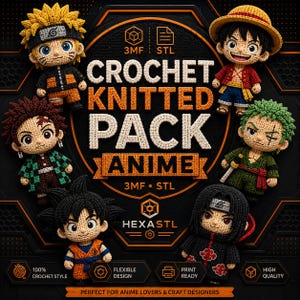 Może przedstawiać: Cyfrowa grafika przedstawiająca sześć szydełkowych figurek anime rozmieszczonych wokół centralnego tekstu CROCHET KNITTED PACK ANIME. Projekt zawiera ikony formatów plików 3MF i STL, nazwę marki HEXASTL oraz etykiety 100% crochet style, flexible design, print ready i high quality.