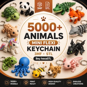 Könnte beinhalten: Eine Sammlung von 3D-gedruckten, beweglichen Tier-Schlüsselanhängern, darunter Schildkröte, Panda, Krokodil, Fuchs, Hai, Einhorn, Drache, Chamäleon, Krake, Biene, Corgi und Axolotl. Der zentrale Text lautet 5000+ ANIMALS MINI FLEXI KEYCHAIN 3MF STL.