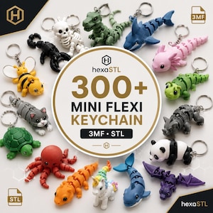May include: A collection of various articulated animal keychains including a skeleton, dinosaur, shark, axolotl, bee, cat, turtle, octopus, lizard, unicorn, panda, and dragon. A central circular sign displays the text 300+ MINI FLEXI KEYCHAIN 3MF STL.