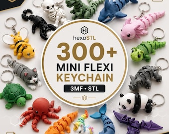 May include: A collection of various articulated animal keychains including a skeleton, dinosaur, shark, axolotl, bee, cat, turtle, octopus, lizard, unicorn, panda, and dragon. A central circular sign displays the text 300+ MINI FLEXI KEYCHAIN 3MF STL.