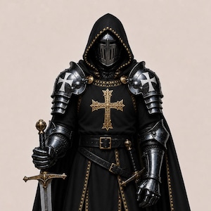 Medieval Black Knight Armor Set with Gold Cross, Crusader Costume, Hooded Cape, Chainmail Option, LARP Outfit