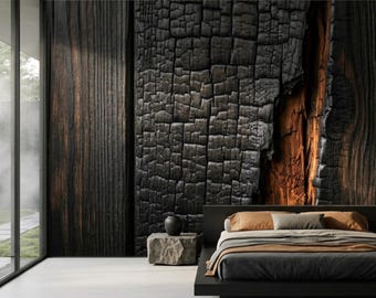 Charred Timber Monolith Mural | Shou Sugi Ban Wood Panel Illusion, Amber Core Patina Art