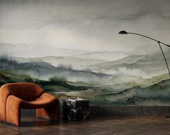 Highland Mist Wall Mural | Atmospheric Watercolor Landscape | Bespoke Green Architectural Surface