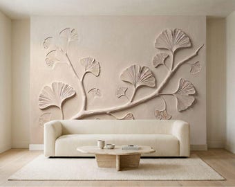 Ginkgo Leaf Wallpaper Mural, 3D Plaster Look
