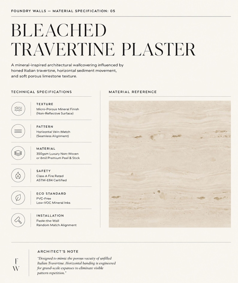 May include: A product specification sheet for Bleached Travertine Plaster. The sheet includes technical specifications, material reference, and an architect's note. The plaster has a micro-porous mineral finish and horizontal vein-match pattern.