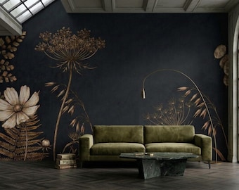 Botanical Noir Wall Mural | Antique Illustrative Herbarium Print | Bespoke Dark Architectural Surface