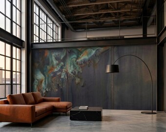 Oxidation Abstract Mural | Verdigris Steel Panel Illusion, Patina Art