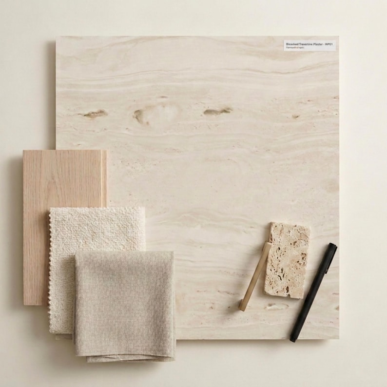 May include: A neutral-toned design board featuring a large travertine tile, wood samples, fabric swatches, and a small stone piece. A wooden dowel and a black pen are also included. The board is labeled "Brushed Travertine Platter - WP01".