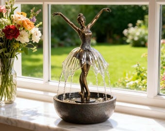 Vintage Style Ballerina Water Fountain, Miniature Dancing Figure with Cascading Skirt, Great for Bookshelves, Side Tables, or Entryways