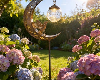 Lámpara solar de jardín con forma de colibrí y luna, estaca en forma de media luna con recorte de estrella y luz LED cálida para patio y camino.