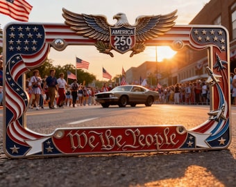 Marco de matrícula patriótico vintage con diseño America 250, placa metálica para coche con águila y estrellas.