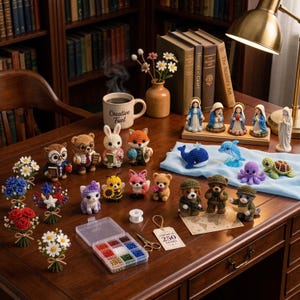 May include: A collection of small crocheted figures including animals, flowers, and religious figurines arranged on a wooden desk. Items include a mug labeled Creative Fuel, a bead organizer, scissors, and a tag reading America 250 Years.