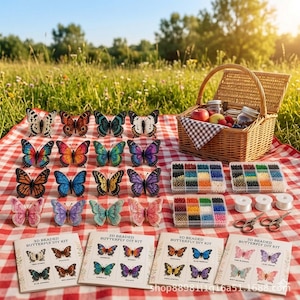 May include: A 3D beaded butterfly DIY kit featuring numerous finished butterfly ornaments in various colors, three plastic organizers filled with small beads, three spools of white thread, two pairs of scissors, and four instructional booklets.