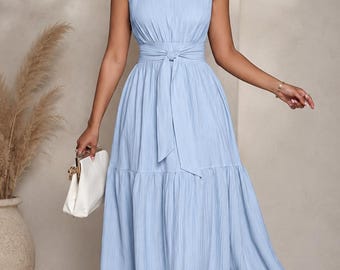 Robe longue sans manches à col montant - jupe à volants, robe de soirée à nouer à la taille