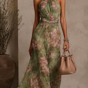 Floral Chiffon Maxi Dress – High Neck Backless Ruched Waist Wedding Guest Gown