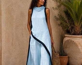 Conjunto bohemio de dos piezas: top sin mangas con capucha, pantalón de talle alto – Estilo casual chic ideal para vacaciones