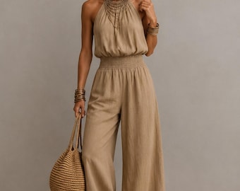 Ärmelloser Overall mit weitem Bein - Plissee Polyester Resort Wear mit hoher Taille