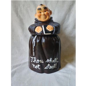 Vintage 1960's Twin Winton Friar Monk Cookie Jar, Dark Brown Robed Monk with Thou Shalt Not Steal, Religious Statue, Priest, Christian
