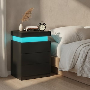 Nightstand with Charging Station & LED Lights, Modern Bedside Table with Sliding Drawer, End Table with USB Ports for Bedroom