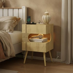 Nightstand with Charging Station & LED Lights, Modern Bedside Table with 2 Drawers, Walnut Side Table with Solid Wood Legs