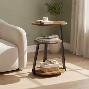 May include: A three-tier side table featuring a dark brown metal frame and three circular wooden shelves. The top shelf holds a white mug and books, the middle shelf holds eyeglasses and books, and the bottom shelf holds a rectangular woven basket.