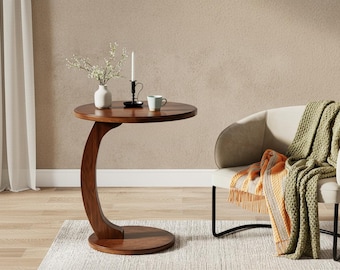 C Shaped Side Table, Round Wooden End Table, Vintage Accent Table for Sofa, Bedside Table for Small Spaces, Mid Century Decor