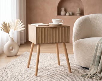 Mid Century Modern Nightstand, Fluted Bedside Table with Drawer, Small Wood End Table, Accent Table for Bedroom & Small Spaces