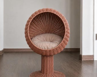 Rattan Cat House Chair Bed – Wicker Cat Pod Lounge with Cushion