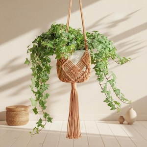 May include: A light brown macrame plant hanger featuring intricate knotted patterns and a long decorative tassel at the bottom. The hanger holds a white ribbed ceramic pot containing a lush, trailing green ivy plant with many leaves.