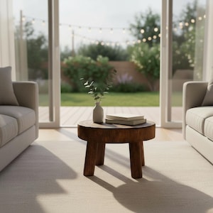 Op de afbeelding: Een kleine, ronde houten salontafel met drie poten. De tafel is donkerbruin gebeitst en heeft een kleine witte vaas met groen en twee boeken. De tafel staat op een lichtbeige tapijt voor een glazen deur.
