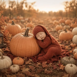May include: A sleeping baby in a rust-coloured outfit and hat rests against a large orange pumpkin. The scene is set outdoors with pumpkins, autumn leaves, and lanterns, creating a cosy autumn theme.