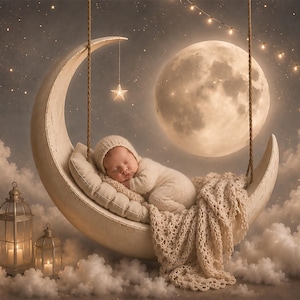 Könnte beinhalten: Ein schlafendes Baby in einem cremefarbenen Outfit ruht auf einer Halbmondschaukel, mit einem Vollmond und Sternen im Hintergrund. Die Szene wird durch Wolken und Lichterketten ergänzt, wodurch ein verträumtes, himmlisches Thema entsteht.